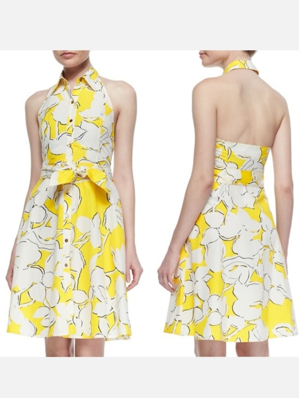 Diane Von Furstenberg DVF Midi Dress 10 Yellow White Cotton Tenner Halter A-line